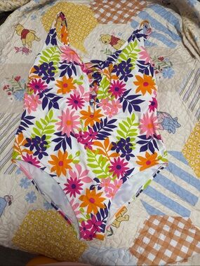 Women’s White Floral One-Piece Swimsuit with Bright Multicolor Flowers